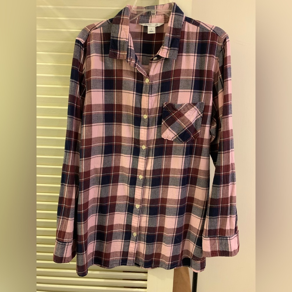 Old Navy GUC Plaid Tartan Flannel Tunic Top Shirt, Size XL, Pink, Navy, Maroon